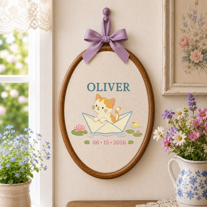 Personalized Kitten in Paper Boat Hoop Decor, Custom Embroidered Oliver Name Date Nursery Wall Hanging Sign, Cat Lover Keepsake Gift