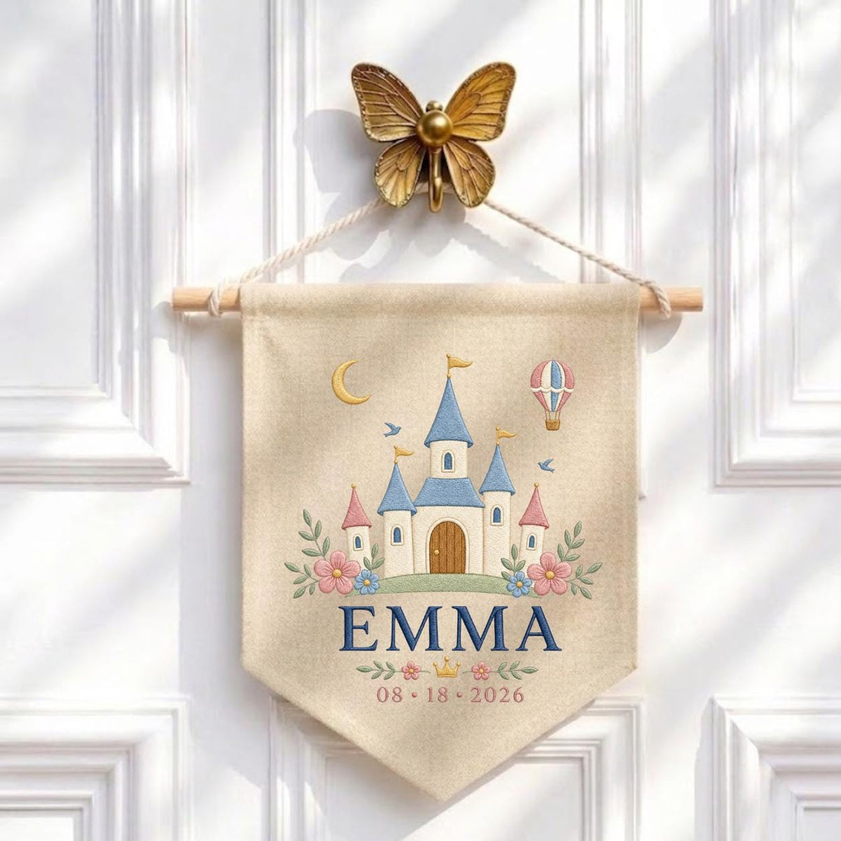 Personalized Princess Castle Canvas Pennant Banner, Custom Name Emma Fairytale Embroidered Hot Air Balloon Girl Nursery Wall Sign