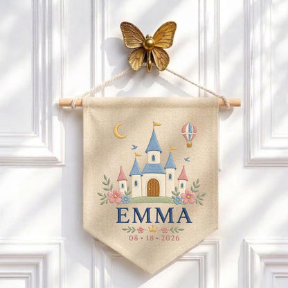 Personalized Princess Castle Canvas Pennant Banner, Custom Name Emma Fairytale Embroidered Hot Air Balloon Girl Nursery Wall Sign