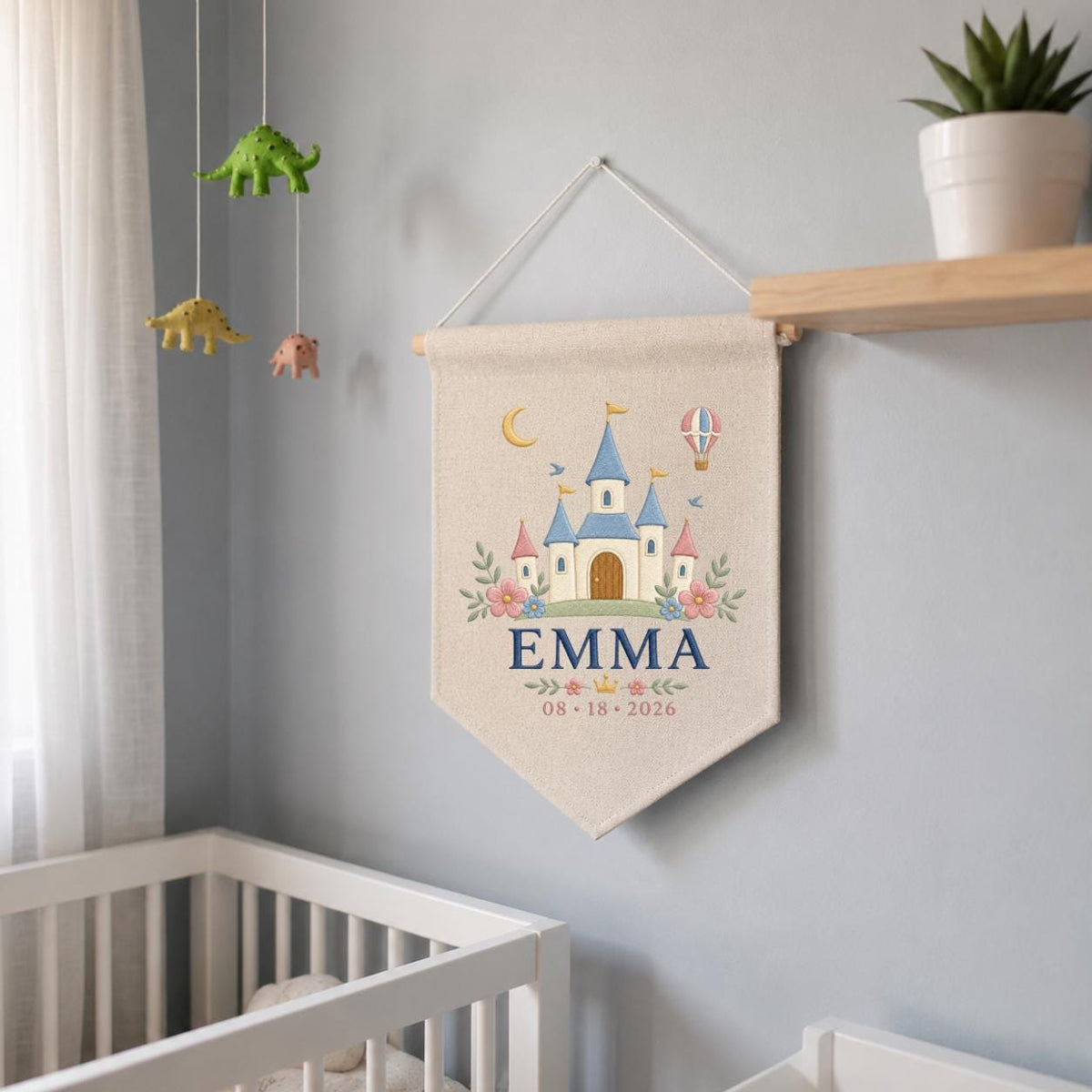 Personalized Princess Castle Canvas Pennant Banner, Custom Name Emma Fairytale Embroidered Hot Air Balloon Girl Nursery Wall Sign