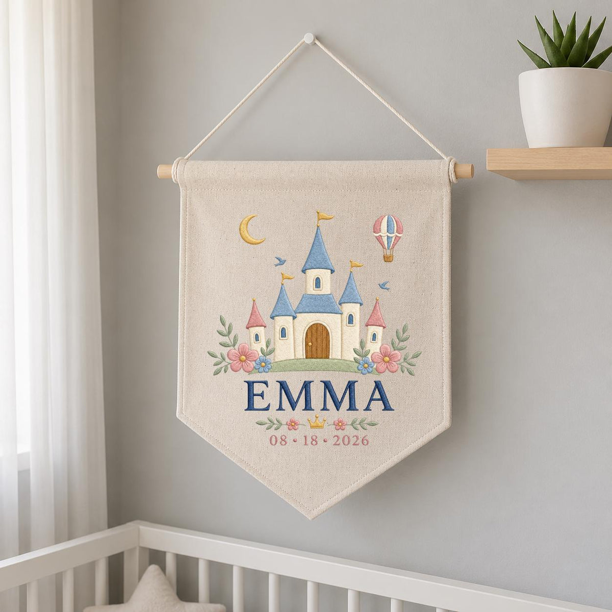 Personalized Princess Castle Canvas Pennant Banner, Custom Name Emma Fairytale Embroidered Hot Air Balloon Girl Nursery Wall Sign