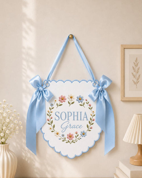 Personalized Embroidered Baby Name Banner, Wildflower Nursery Wall Decor, Custom Floral Name Sign, Baby Girl Nursery, Newborn Gift