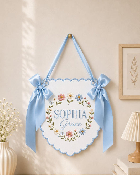 Personalized Embroidered Baby Name Banner, Wildflower Nursery Wall Decor, Custom Floral Name Sign, Baby Girl Nursery, Newborn Gift