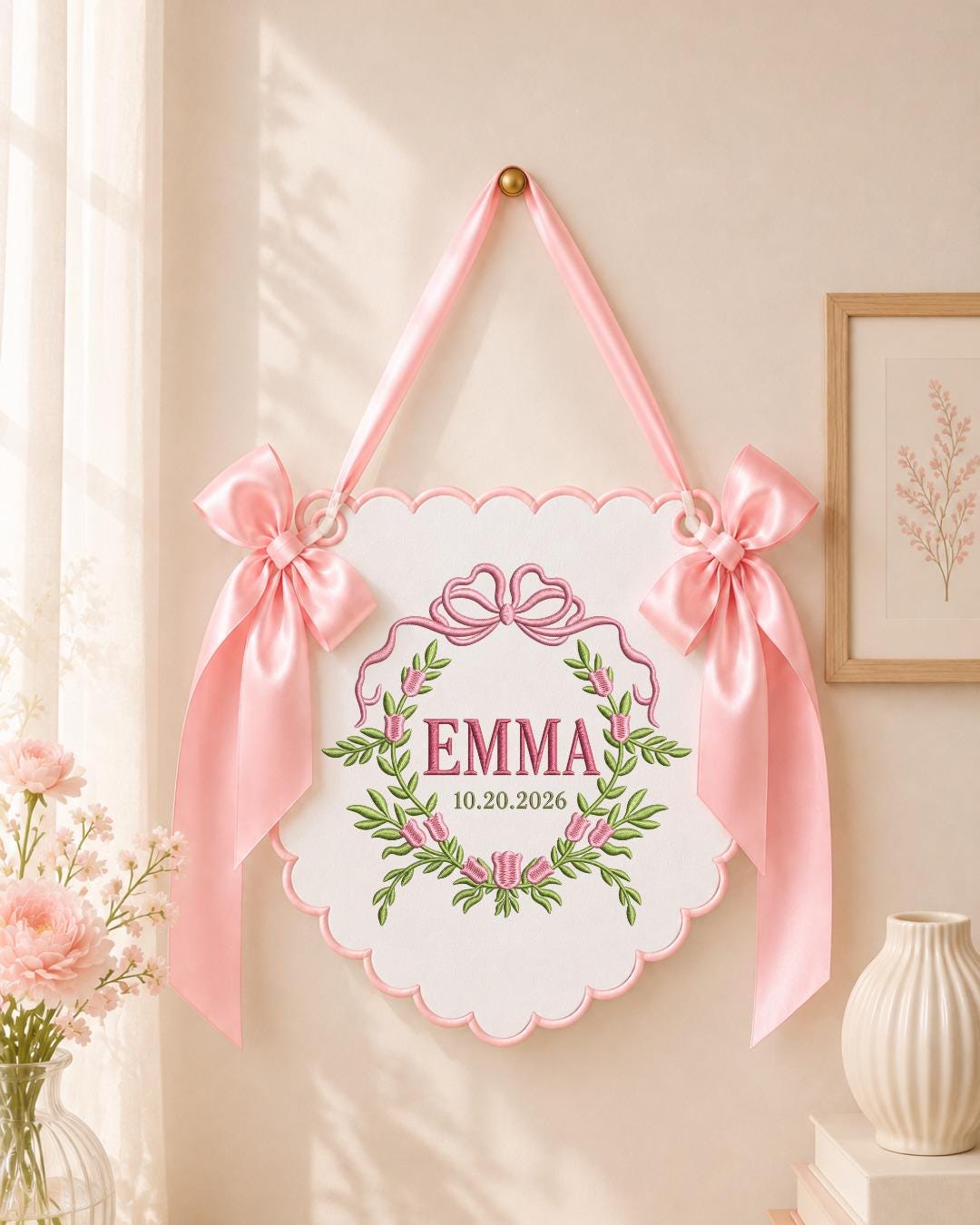 Personalized Embroidered Baby Name Banner, Floral Monogram Nursery Sign, Custom Baby Girl Wall Hanging, Bow Nursery Decor, Newborn Gift