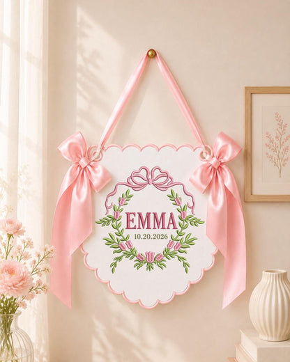 Personalized Embroidered Baby Name Banner, Floral Monogram Nursery Sign, Custom Baby Girl Wall Hanging, Bow Nursery Decor, Newborn Gift