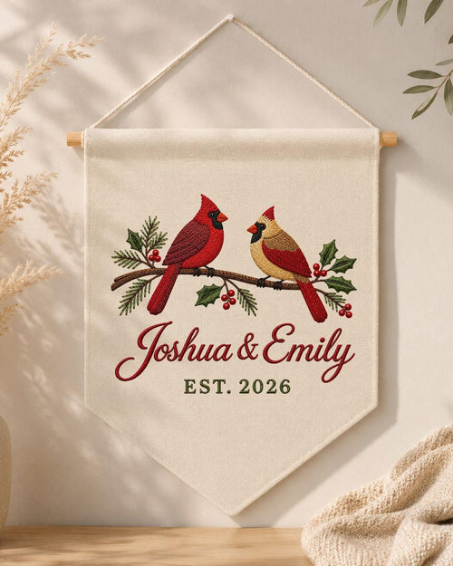 Personalized Cardinal Couple Wall Hanging, Custom Names Embroidered Banner, Christmas Bird Decor, Anniversary Keepsake, Couple Gift