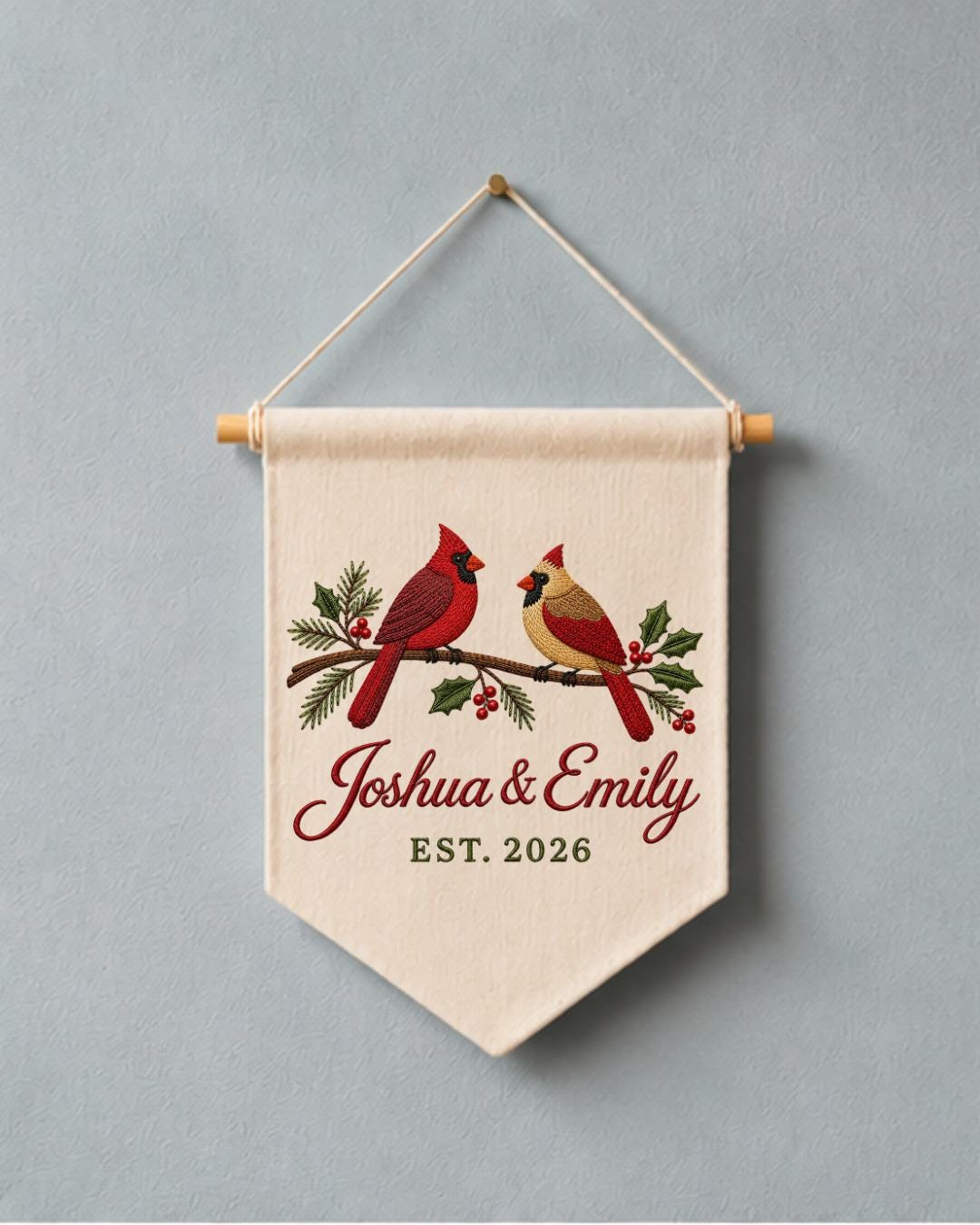 Personalized Cardinal Couple Wall Hanging, Custom Names Embroidered Banner, Christmas Bird Decor, Anniversary Keepsake, Couple Gift