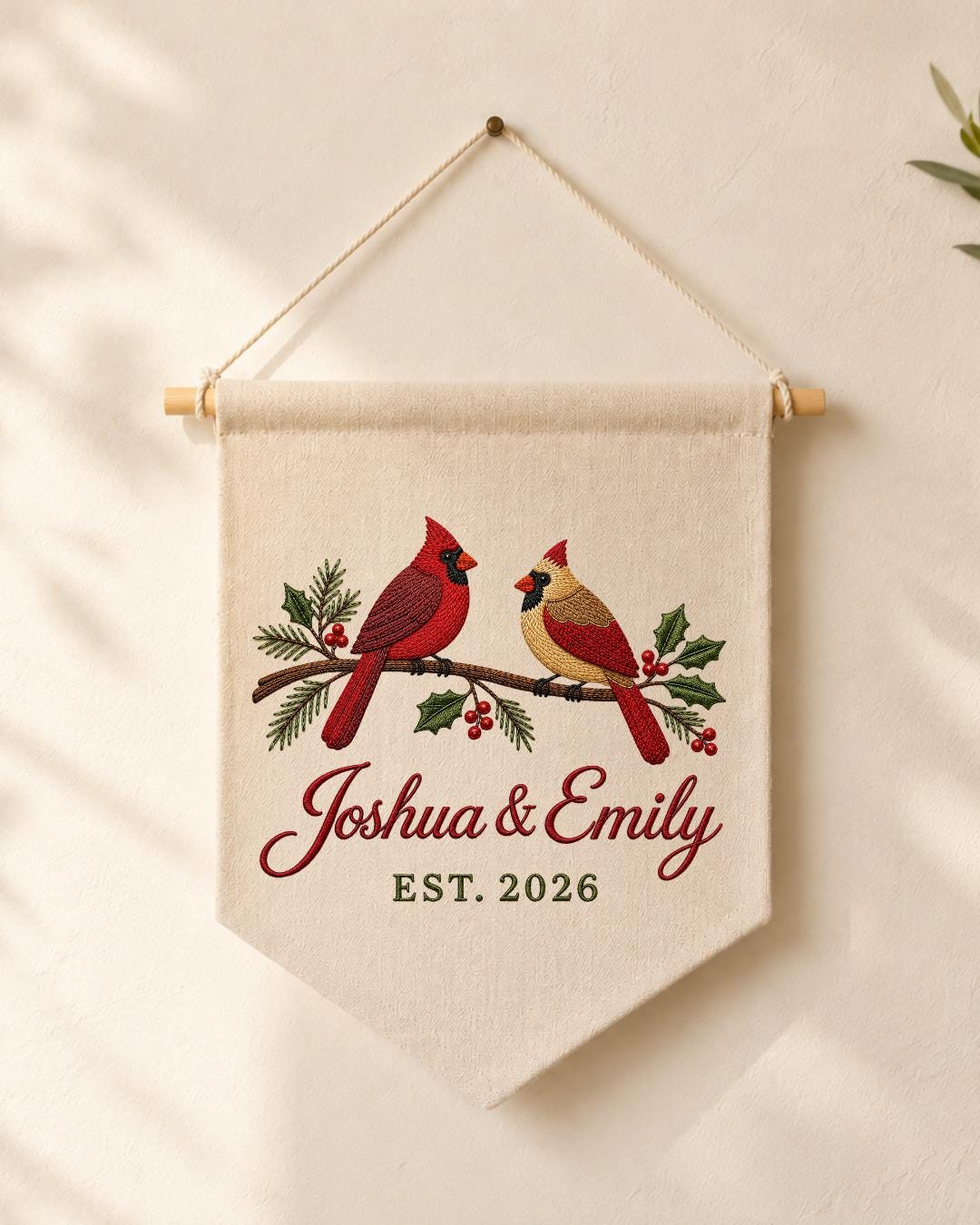 Personalized Cardinal Couple Wall Hanging, Custom Names Embroidered Banner, Christmas Bird Decor, Anniversary Keepsake, Couple Gift