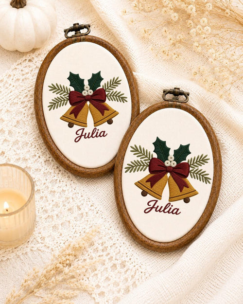 Personalized Christmas Bells Embroidered Ornament, Custom Name Hoop, Holiday Bell Decor, Christmas Keepsake Gift, Festive Wall Hanging