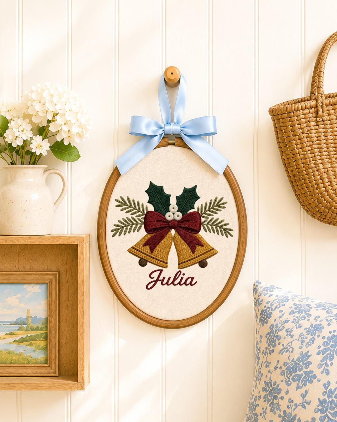 Personalized Christmas Bells Embroidered Ornament, Custom Name Hoop, Holiday Bell Decor, Christmas Keepsake Gift, Festive Wall Hanging