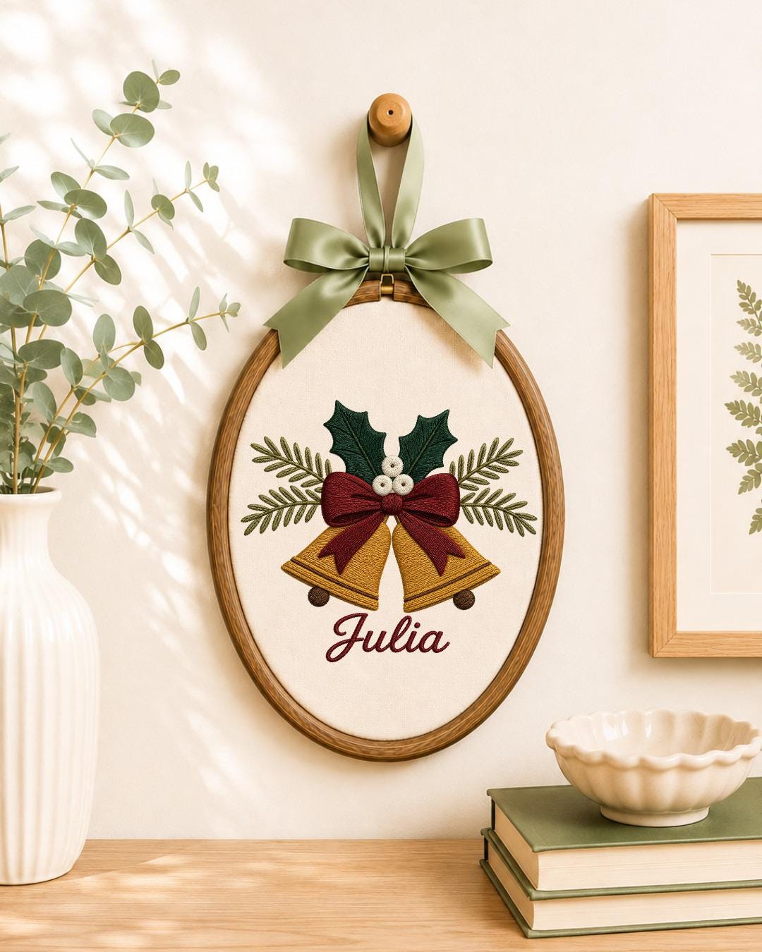 Personalized Christmas Bells Embroidered Ornament, Custom Name Hoop, Holiday Bell Decor, Christmas Keepsake Gift, Festive Wall Hanging