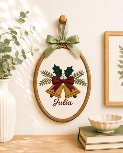 Personalized Christmas Bells Embroidered Ornament, Custom Name Hoop, Holiday Bell Decor, Christmas Keepsake Gift, Festive Wall Hanging