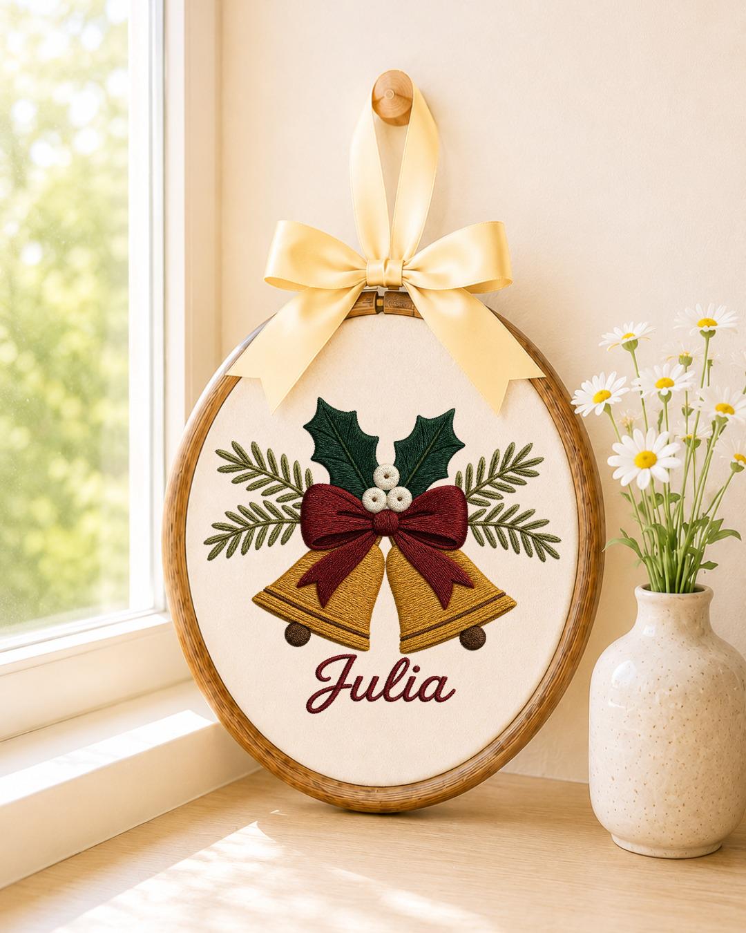 Personalized Christmas Bells Embroidered Ornament, Custom Name Hoop, Holiday Bell Decor, Christmas Keepsake Gift, Festive Wall Hanging