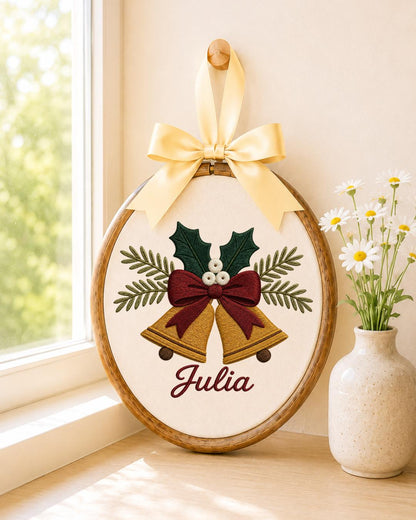 Personalized Christmas Bells Embroidered Ornament, Custom Name Hoop, Holiday Bell Decor, Christmas Keepsake Gift, Festive Wall Hanging