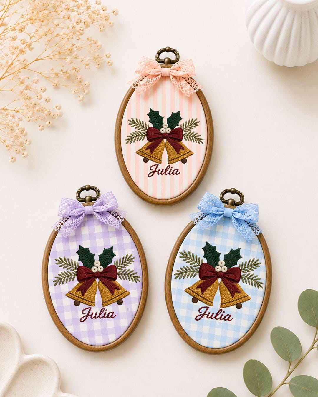 Personalized Christmas Bells Embroidered Ornament, Custom Name Hoop, Holiday Bell Decor, Christmas Keepsake Gift, Festive Wall Hanging