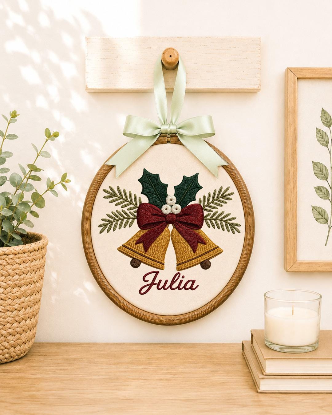 Personalized Christmas Bells Embroidered Ornament, Custom Name Hoop, Holiday Bell Decor, Christmas Keepsake Gift, Festive Wall Hanging