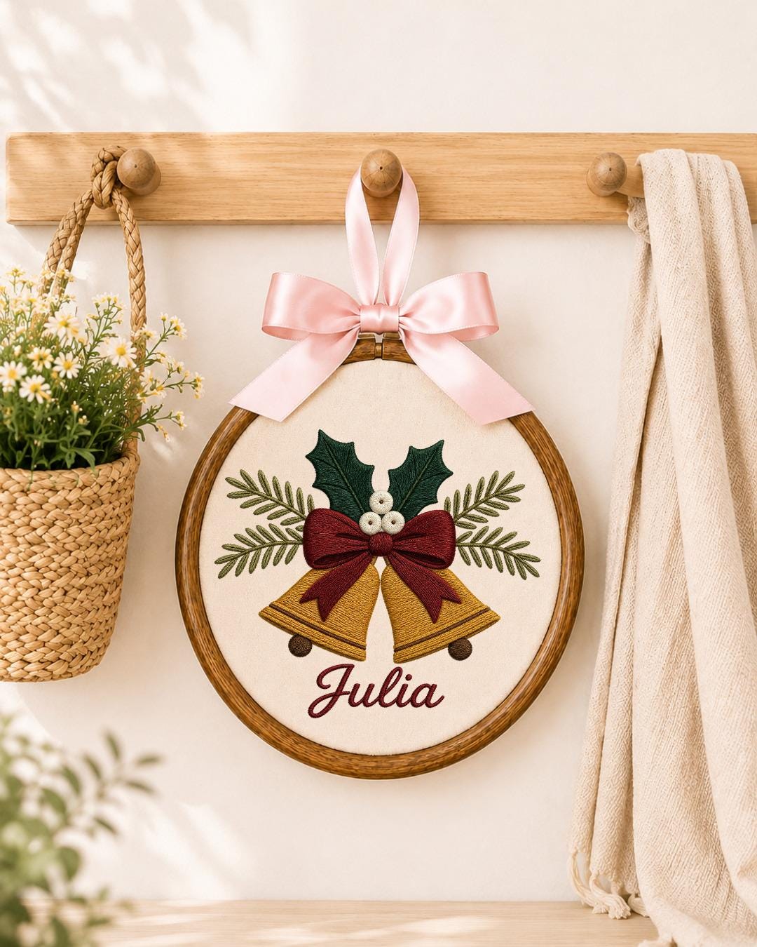 Personalized Christmas Bells Embroidered Ornament, Custom Name Hoop, Holiday Bell Decor, Christmas Keepsake Gift, Festive Wall Hanging