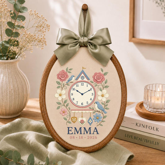 Personalized Clock Oval Hoop Art, Custom Name Emma Embroidered Vintage Clock Floral Wreath Baby Girl Nursery Wall Sign Decor