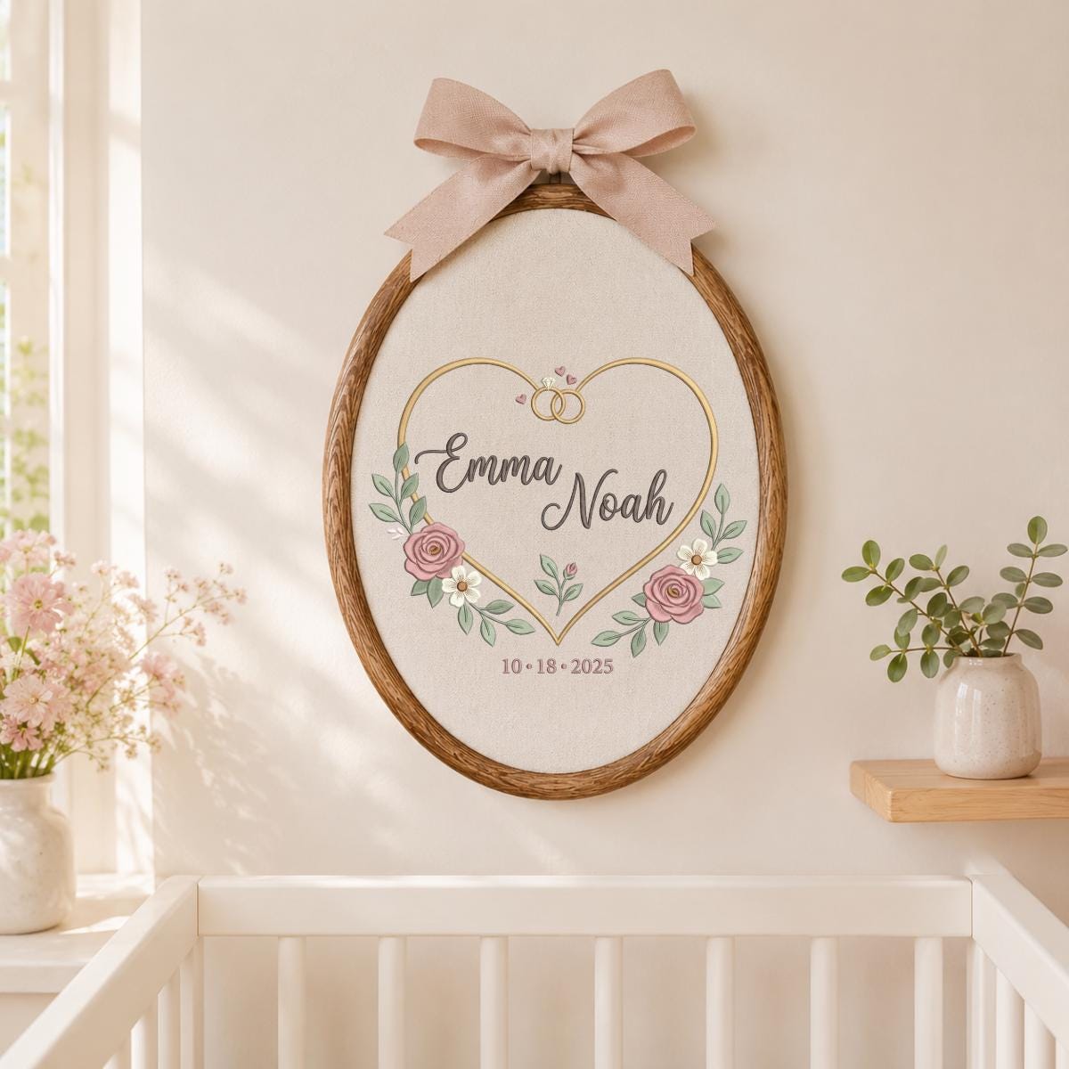 Personalized Wedding Oval Hoop Art, Custom Name Emma Noah Embroidered Heart Rings Floral Couple Wall Hanging Sign Keepsake Gift