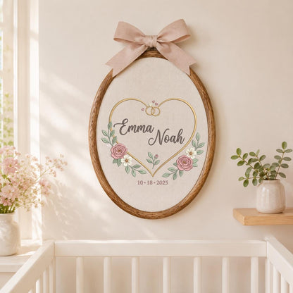 Personalized Wedding Oval Hoop Art, Custom Name Emma Noah Embroidered Heart Rings Floral Couple Wall Hanging Sign Keepsake Gift