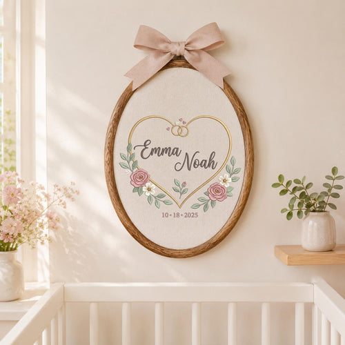 Personalized Wedding Oval Hoop Art, Custom Name Emma Noah Embroidered Heart Rings Floral Couple Wall Hanging Sign Keepsake Gift