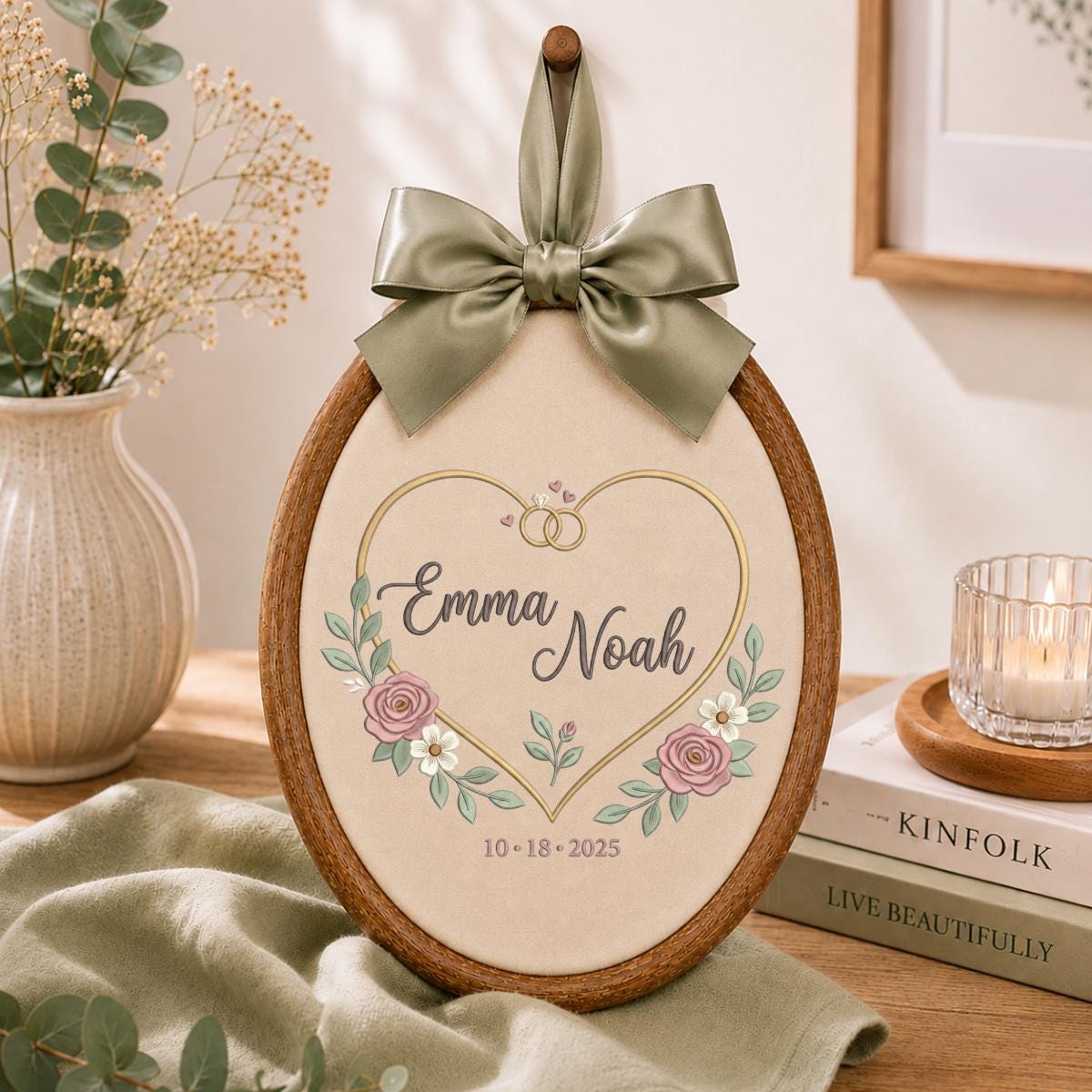 Personalized Wedding Oval Hoop Art, Custom Name Emma Noah Embroidered Heart Rings Floral Couple Wall Hanging Sign Keepsake Gift