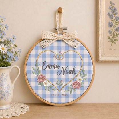 Personalized Wedding Oval Hoop Art, Custom Name Emma Noah Embroidered Heart Rings Floral Couple Wall Hanging Sign Keepsake Gift