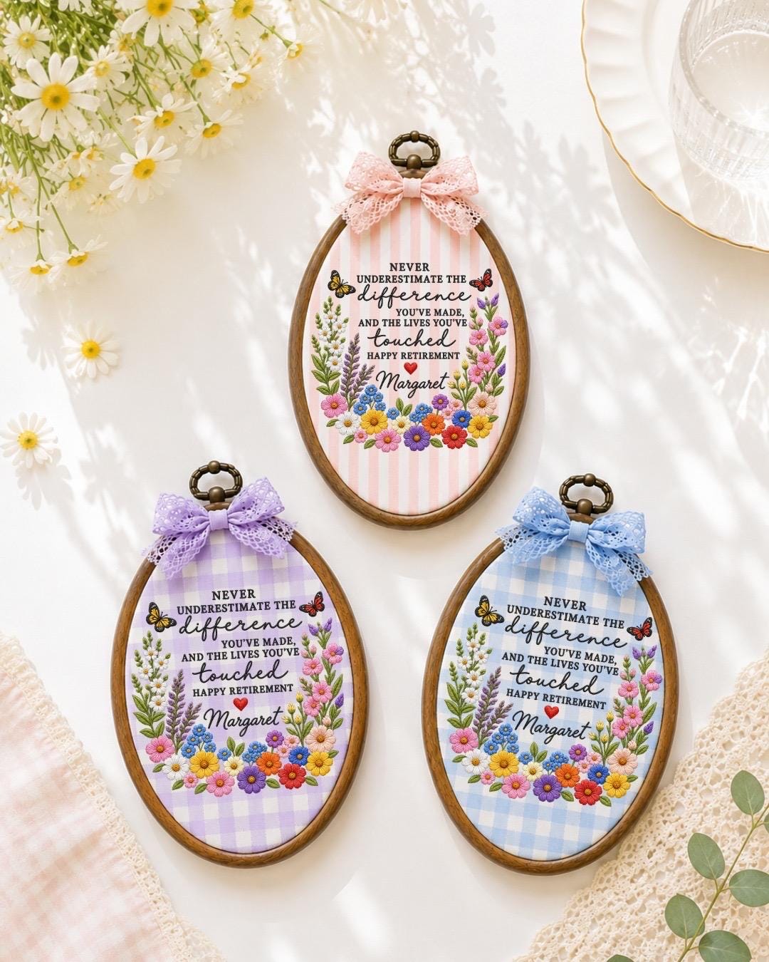 Personalized Retirement Embroidered Ornament, Custom Retirement Gift, Floral Coworker Keepsake, Retirement Quote Decor, Teacher Retirement
