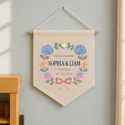 Personalized Wedding Canvas Pennant Banner, Custom Name Sophia Liam Embroidered Blue Hydrangea Floral Wreath Wall Sign Decor