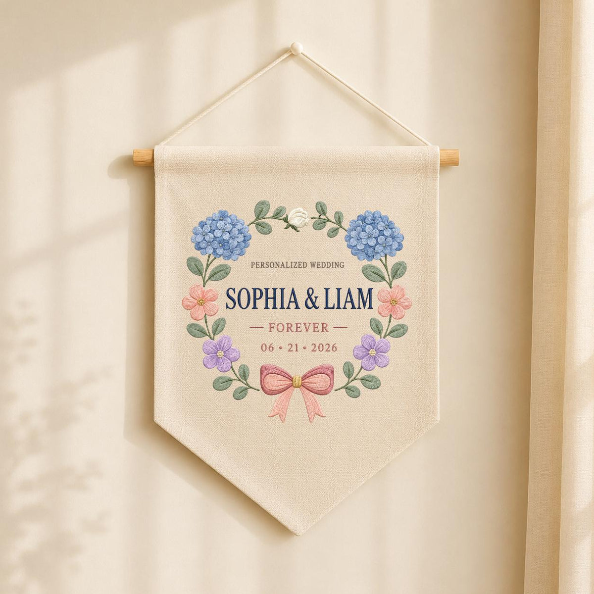 Personalized Wedding Canvas Pennant Banner, Custom Name Sophia Liam Embroidered Blue Hydrangea Floral Wreath Wall Sign Decor
