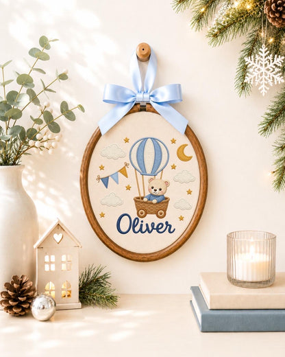 Personalized Hot Air Balloon Embroidered Ornament, Custom Baby Name Hoop, Teddy Bear Nursery Decor, Baby Boy Gift, Newborn Keepsake