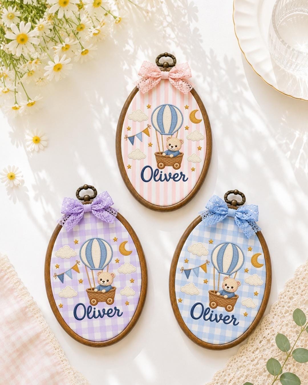 Personalized Hot Air Balloon Embroidered Ornament, Custom Baby Name Hoop, Teddy Bear Nursery Decor, Baby Boy Gift, Newborn Keepsake