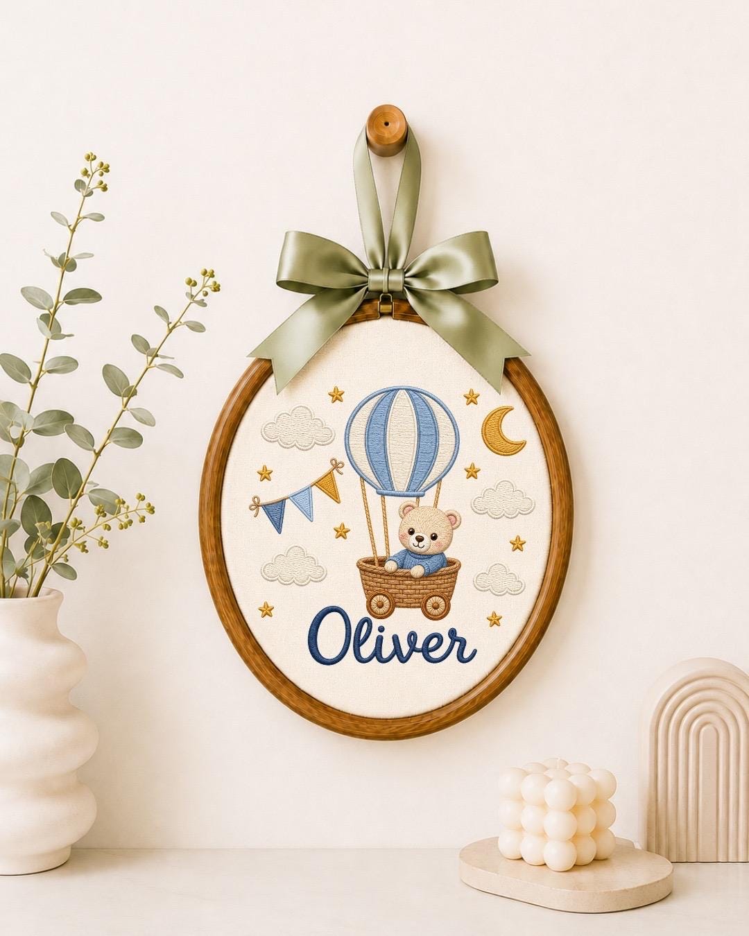 Personalized Hot Air Balloon Embroidered Ornament, Custom Baby Name Hoop, Teddy Bear Nursery Decor, Baby Boy Gift, Newborn Keepsake
