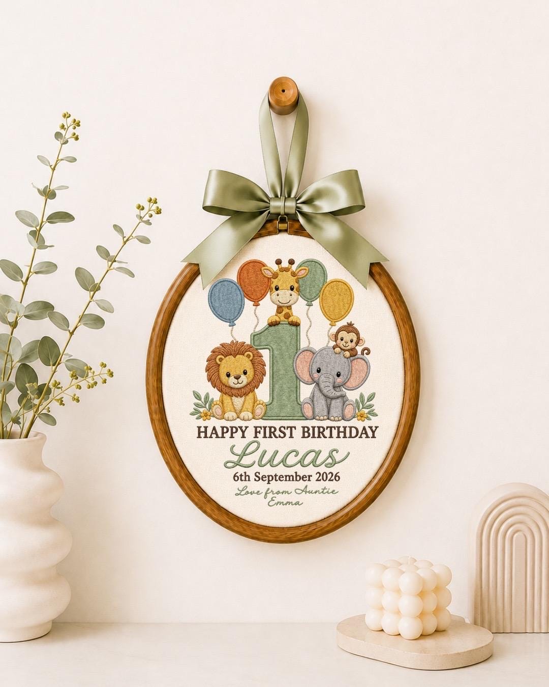 Personalized First Birthday Embroidered Ornament, Safari Animal Birthday Gift, Custom Baby Name Hoop, 1st Birthday Keepsake, Jungle Nursery