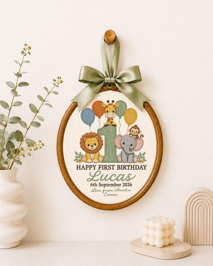 Personalized First Birthday Embroidered Ornament, Safari Animal Birthday Gift, Custom Baby Name Hoop, 1st Birthday Keepsake, Jungle Nursery