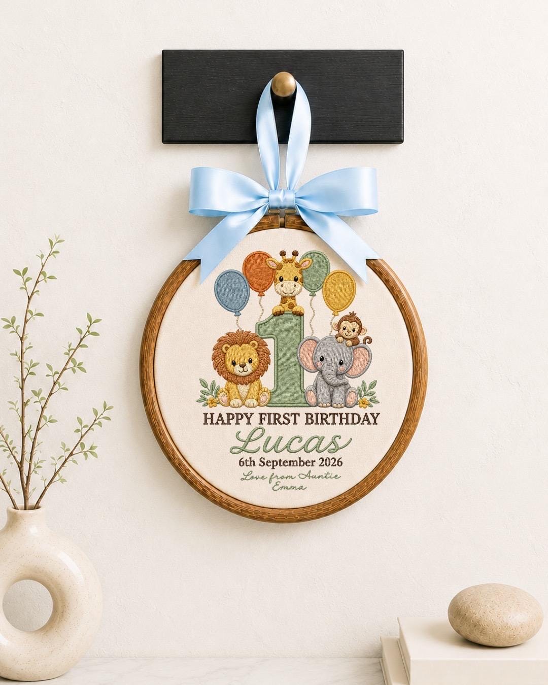 Personalized First Birthday Embroidered Ornament, Safari Animal Birthday Gift, Custom Baby Name Hoop, 1st Birthday Keepsake, Jungle Nursery