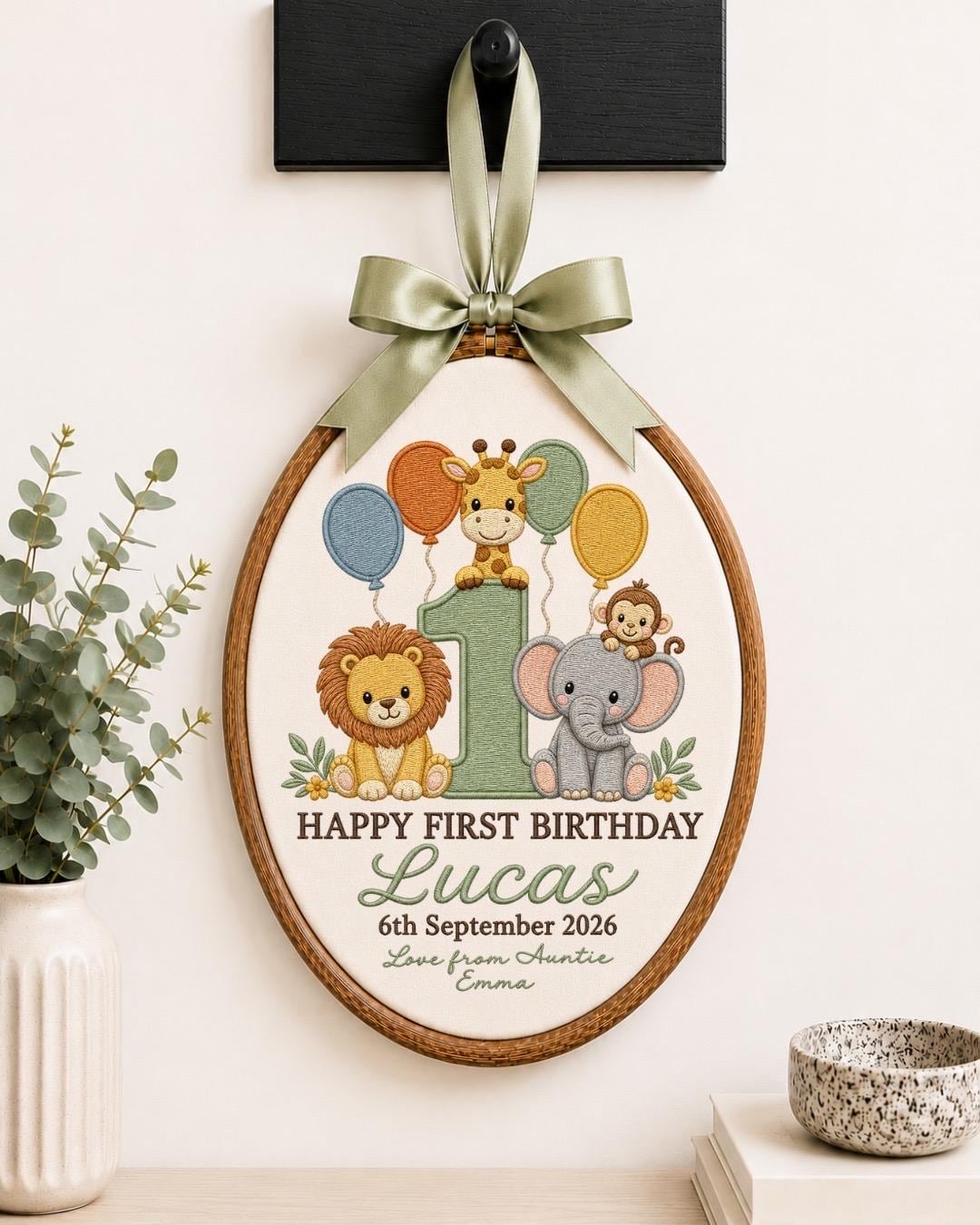 Personalized First Birthday Embroidered Ornament, Safari Animal Birthday Gift, Custom Baby Name Hoop, 1st Birthday Keepsake, Jungle Nursery