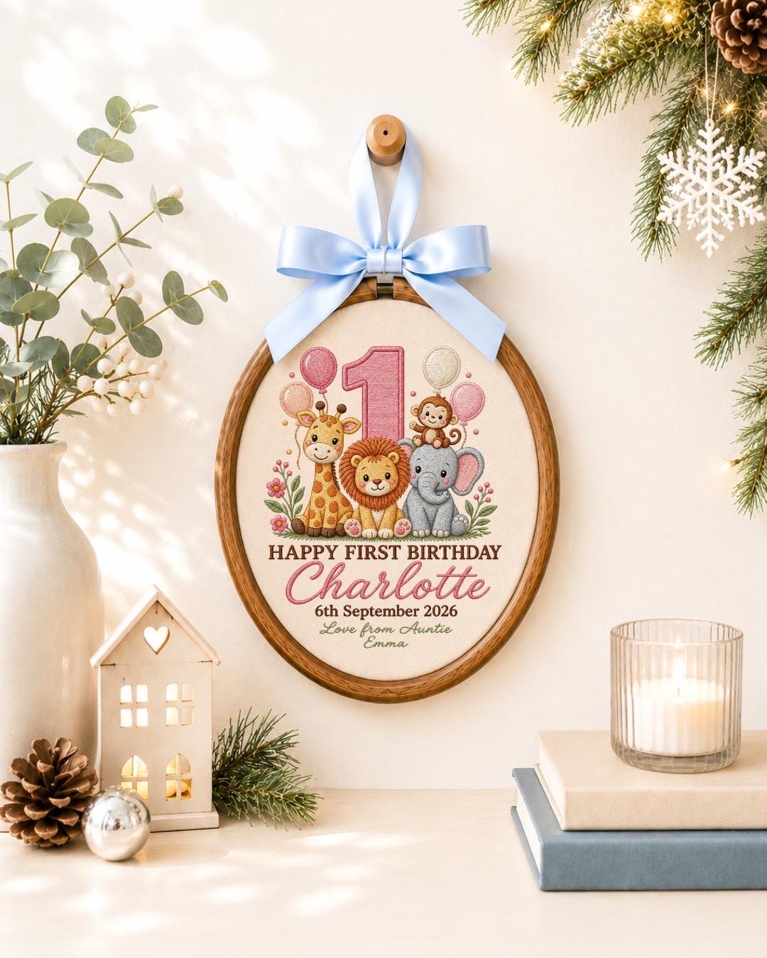 Personalized First Birthday Embroidered Ornament, Safari Animal Birthday Gift, Custom Baby Name Hoop, 1st Birthday Keepsake, Jungle Nursery