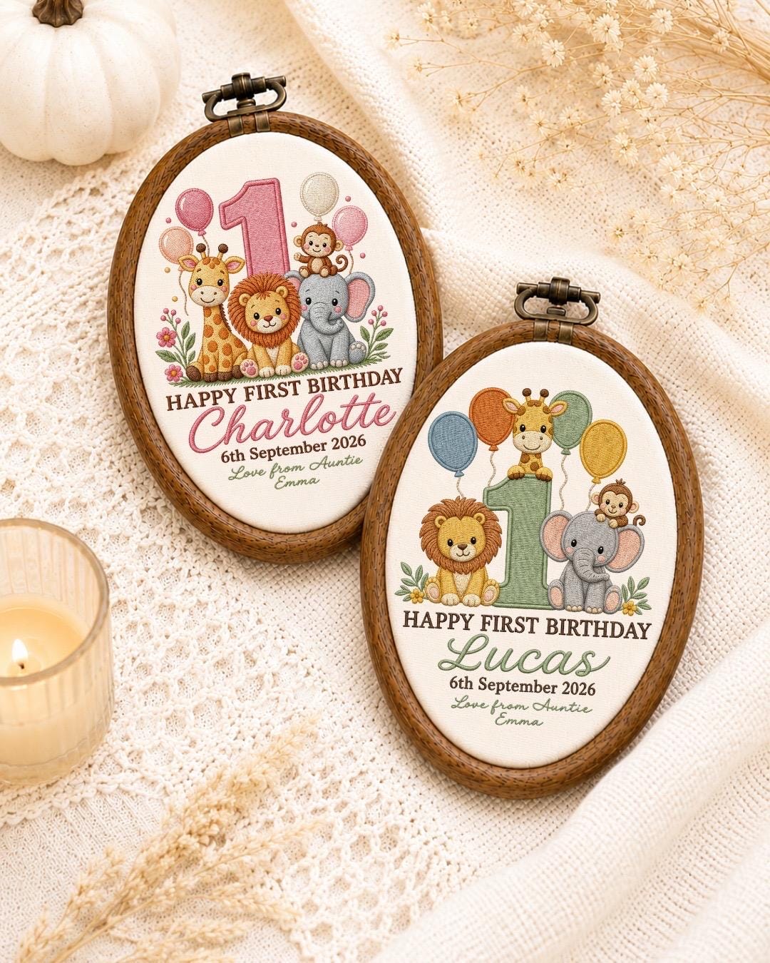 Personalized First Birthday Embroidered Ornament, Safari Animal Birthday Gift, Custom Baby Name Hoop, 1st Birthday Keepsake, Jungle Nursery