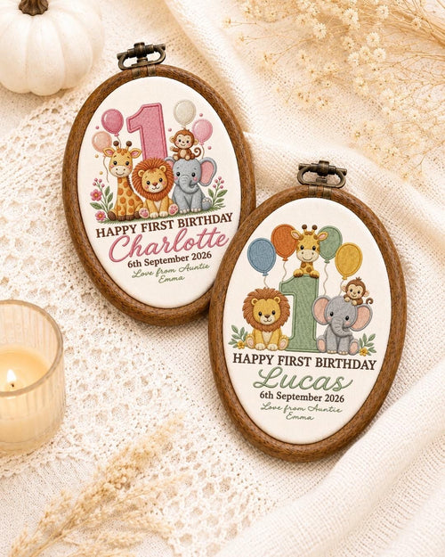 Personalized First Birthday Embroidered Ornament, Safari Animal Birthday Gift, Custom Baby Name Hoop, 1st Birthday Keepsake, Jungle Nursery