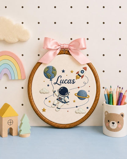 Personalized Astronaut Embroidered Ornament, Custom Baby Name Space Hoop, Outer Space Nursery Decor, Baby Boy Gift, Rocket Keepsake