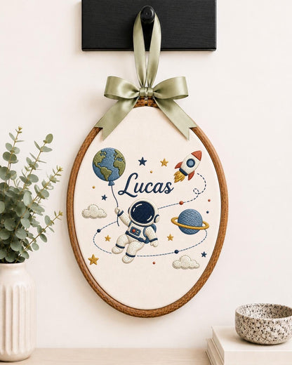 Personalized Astronaut Embroidered Ornament, Custom Baby Name Space Hoop, Outer Space Nursery Decor, Baby Boy Gift, Rocket Keepsake