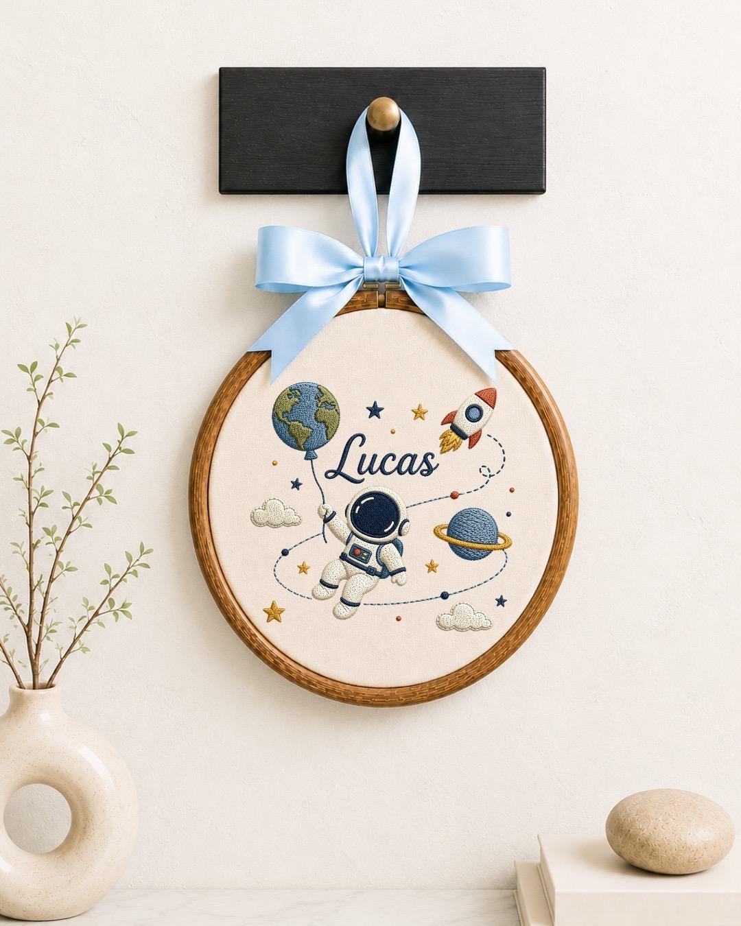Personalized Astronaut Embroidered Ornament, Custom Baby Name Space Hoop, Outer Space Nursery Decor, Baby Boy Gift, Rocket Keepsake