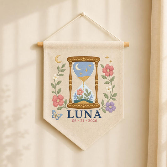 Custom Name Celestial Embroidered Canvas Banner Decor, Vintage Hourglass Moon Flowers Luna 2026 Baby Girl Wall Hanging Sign, Baby Gift