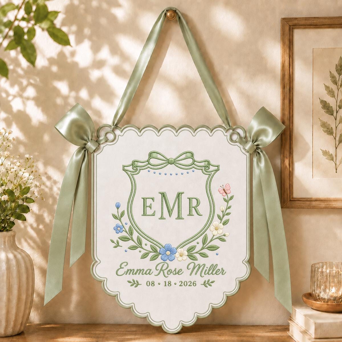 Personalized Baby Girl Monogram Scalloped Banner Decor, Custom Embroidered Name Date Initial Crest Sign, Hospital Door Hanger
