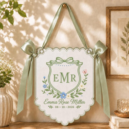 Personalized Baby Girl Monogram Scalloped Banner Decor, Custom Embroidered Name Date Initial Crest Sign, Hospital Door Hanger