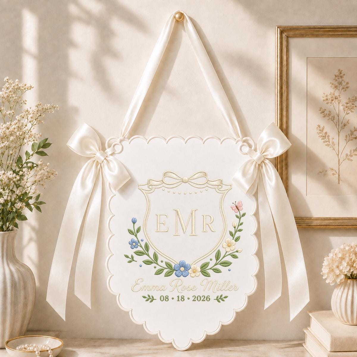 Personalized Baby Girl Monogram Scalloped Banner Decor, Custom Embroidered Name Date Initial Crest Sign, Hospital Door Hanger