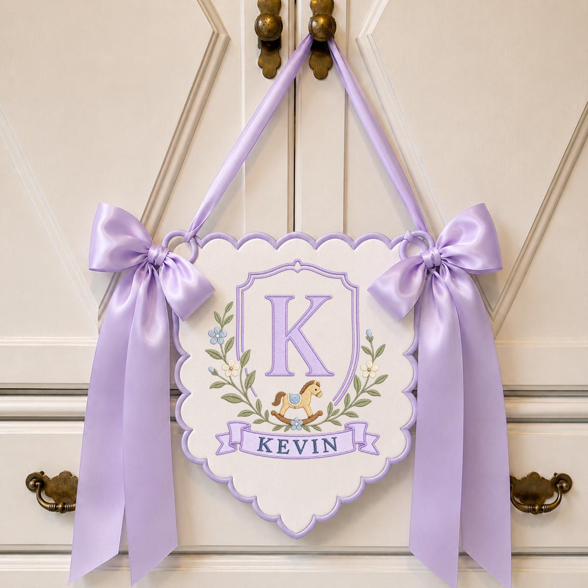 Baby Boy Nursery Decor, Custom Name Banner, Rocking Horse Wall Ornament, Scalloped Nursery Hanging, Personalized Baby Shower Gift