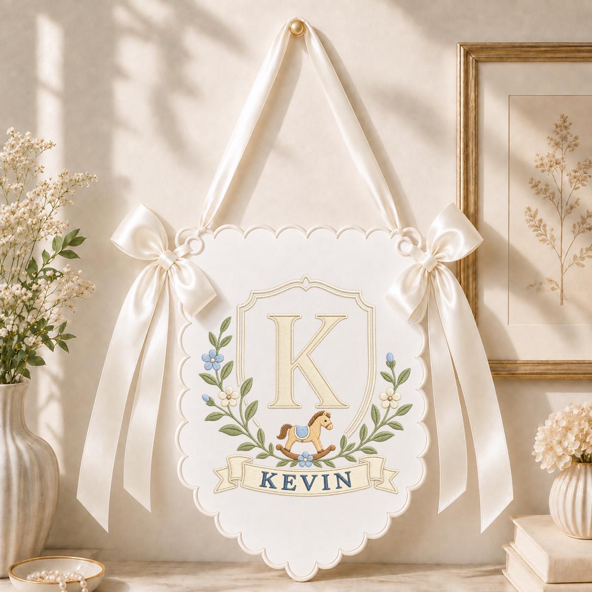 Baby Boy Nursery Decor, Custom Name Banner, Rocking Horse Wall Ornament, Scalloped Nursery Hanging, Personalized Baby Shower Gift