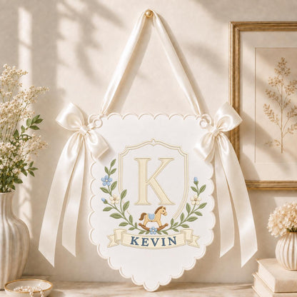 Baby Boy Nursery Decor, Custom Name Banner, Rocking Horse Wall Ornament, Scalloped Nursery Hanging, Personalized Baby Shower Gift
